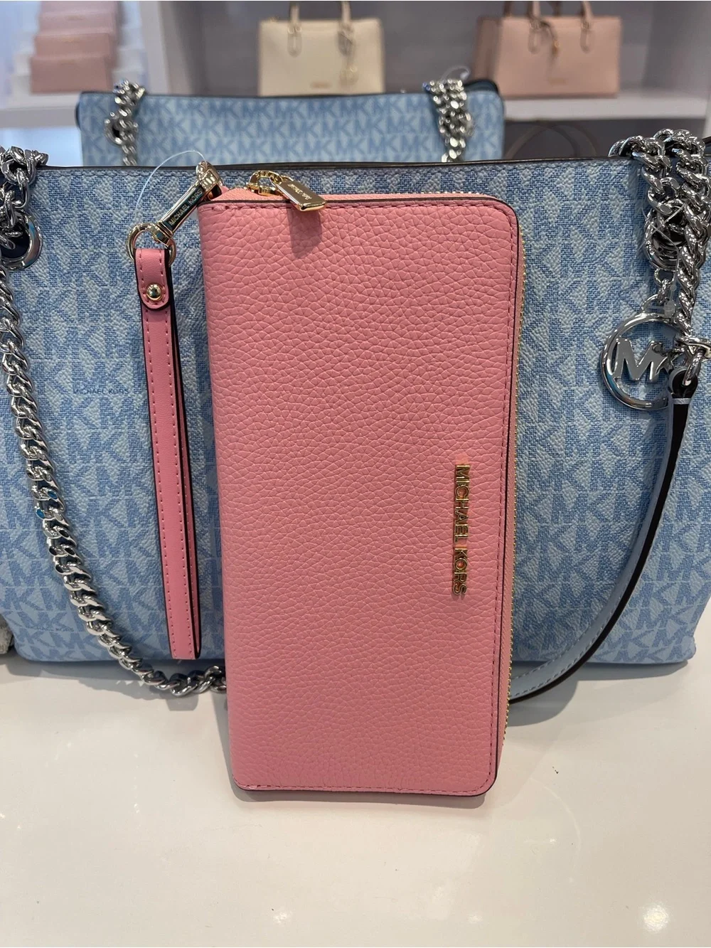 MICHAEL KORS Lg Pebbled Leather Continental Wallet Wristlet Phone Hold Carnation